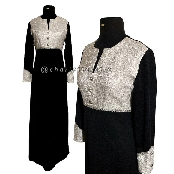 vtg Tuxedo Hostess Dress w Dual Side Splits - Picture 2 of 10